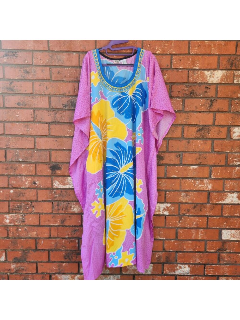 Santé Classics Colorful Floral Caftan Dress with Glitter Accents One Size